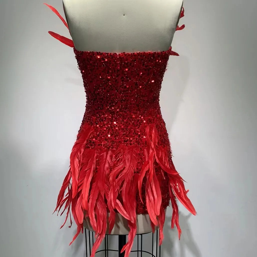 Luxurious 2023 New Spring Red Color Women Strapless Feathers Bodycon Mini Dress Celebrate Birthday Cocktail Party Dress