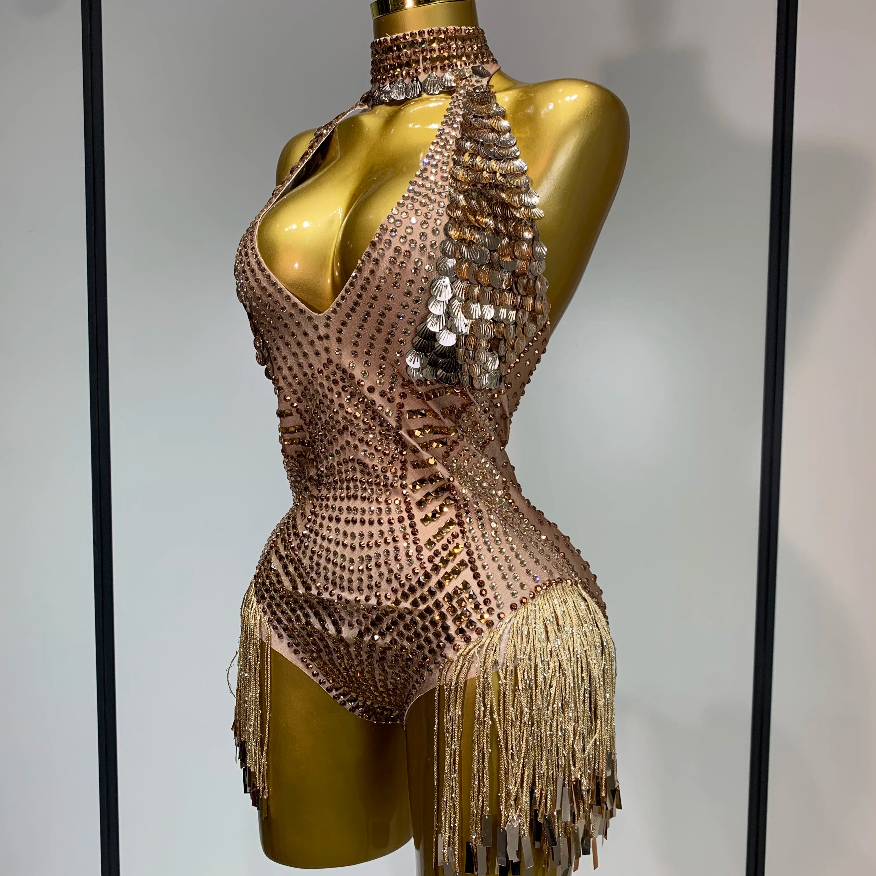 Luxury Sparkly Rhinestones Tassels Sequins Bodysuit Women Sexy Halter Backless Stage Performance Costume Club Birthday Outfit