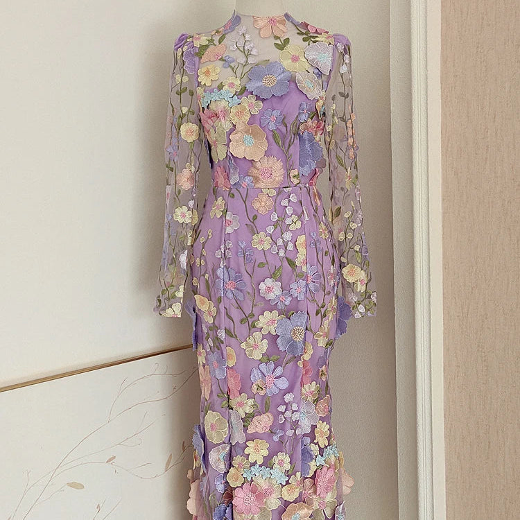 JAMERARY Runway Spring/Summer New Mesh 3D Flower Embroidery Perspective Evening Prom Dress Women Holiday Robe Vestido Party purple longsleeve