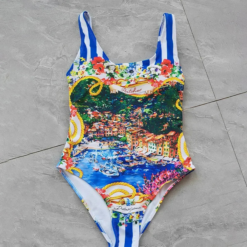 Luxury Brand Colorful Printed One-Piece Swimwear 2023 Women Summer Beach Vacation Bikini Colored Landscape Pattern Sexy Swimsuit Blue