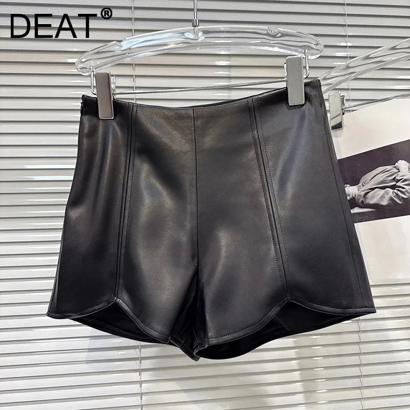 Winter New Fashion Style Stripe Stitching Design PU Leather Shorts For Women Solid Color Short Pants Female 11A07956