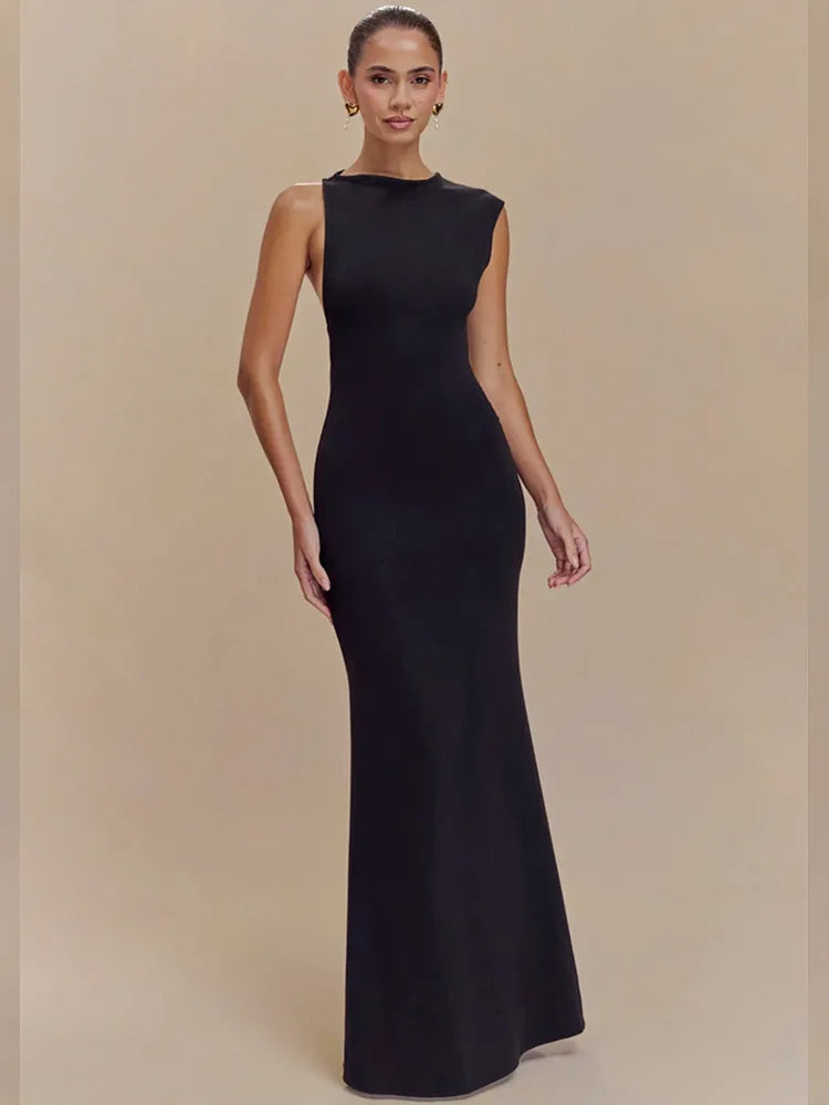 Ladies Women Sexy O Neck Tank Beige Black Maxi Long Celebrity Bodycon Bandage Dress 2025 Elegant Evening Club Party Dress black