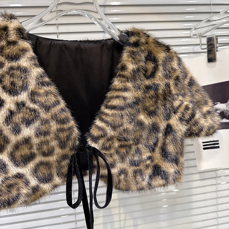 Winter New Style V-Neck Yellow Leopard Print Tie Design Fluffy Shawl Top For Women High Waist Cardigan Female 11A07487