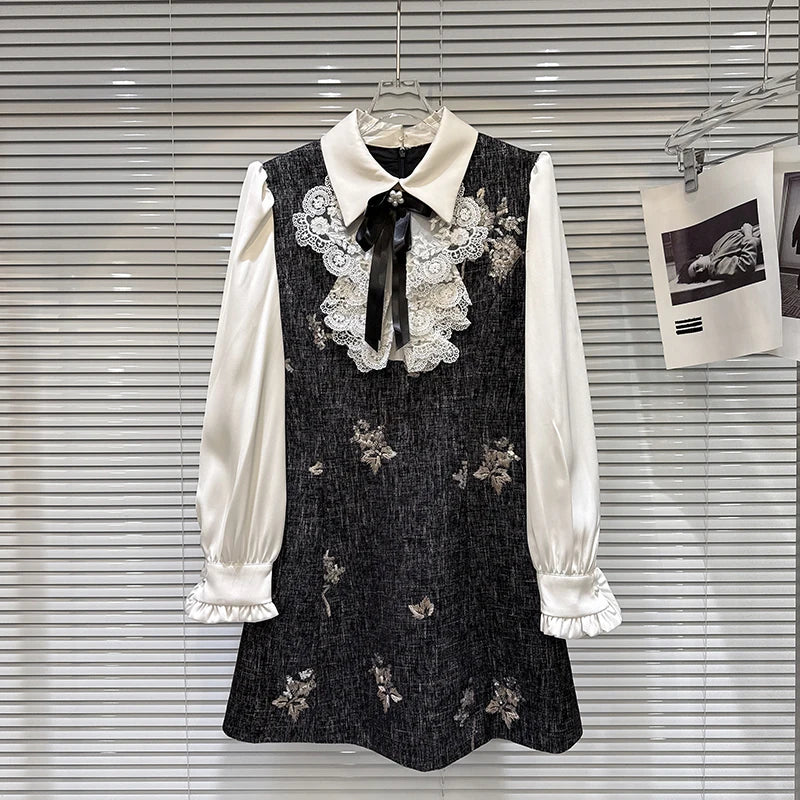 Winter New Fashion Bow Beaded Embroidered Shirt Patchwork Fake Two-Piece Dress For Women Elegant Dresses 11A07866 Black