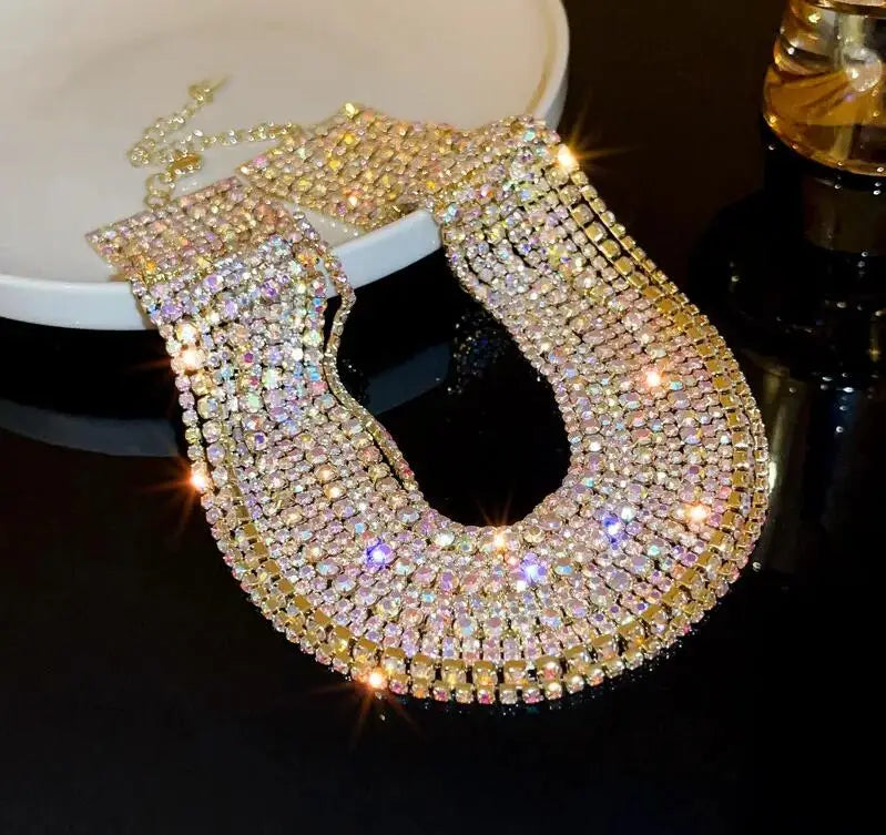 KMVEXO Luxury Multilayers Crystal Chokers Necklaces for Women Rhinestone Chains Necklaces Statements Jewelry Wedding Party Gift X190 Gold Color