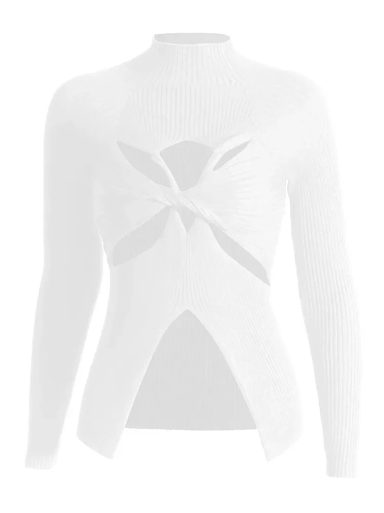 Slimming Crisscross Hollow Out Knitting Sweaters For Women Round Neck Long Sleeve Solid Casual Chic Sweater Female WHITE