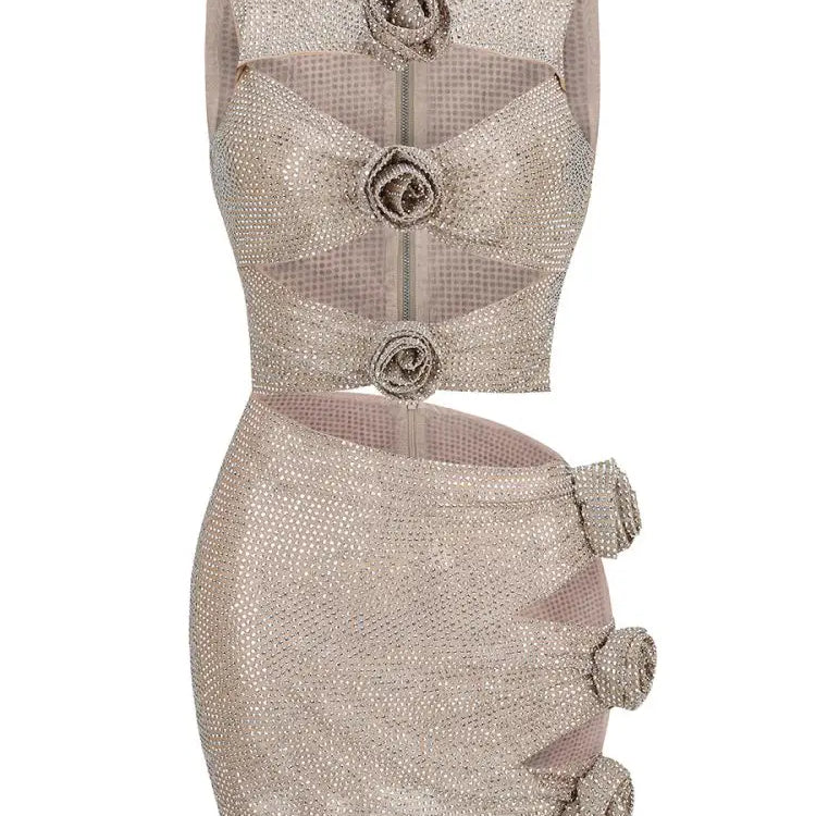 Women'S Luxury Party Dress Sparkly Silver Rhinestone Sexy Cut Out Beautiful 3D Flowers Decoration Tank Mini Dress Vestido Light Grey