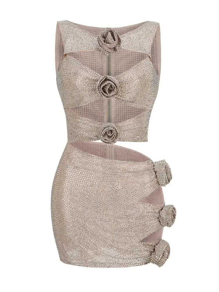 Women'S Luxury Party Dress Sparkly Silver Rhinestone Sexy Cut Out Beautiful 3D Flowers Decoration Tank Mini Dress Vestido Light Grey