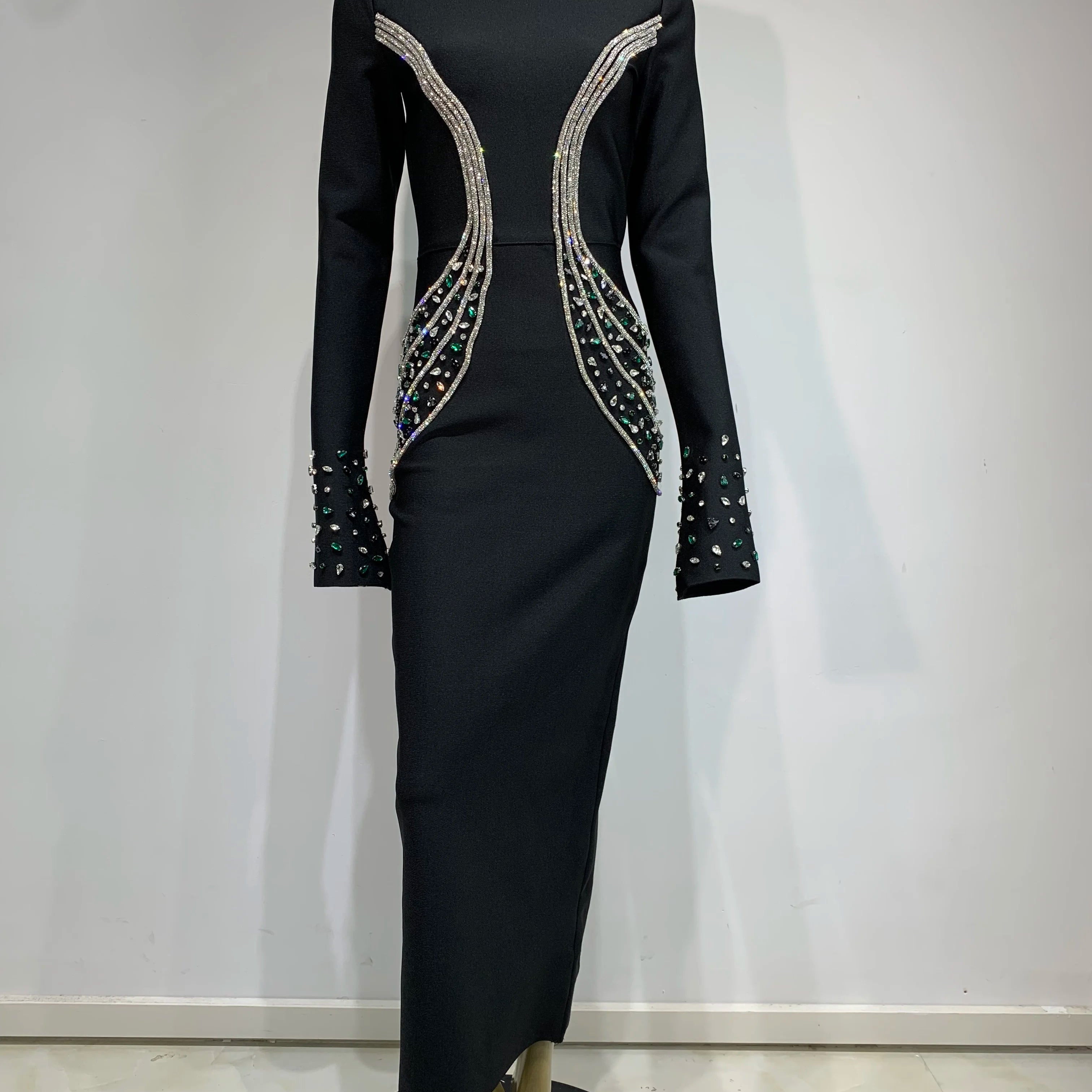 Women Celebrity Sexy Beading Crystal Diamonds Black White Maxi Long Bodycon Bandage Dress 2024 Elegant Evening Club Party Dress