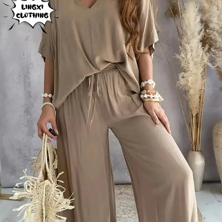 2024 Summer Fashion New Women's Elegant Loose High Waist Plus Size Set Off Back Elastic Waist Retro Women's Two Piece Set