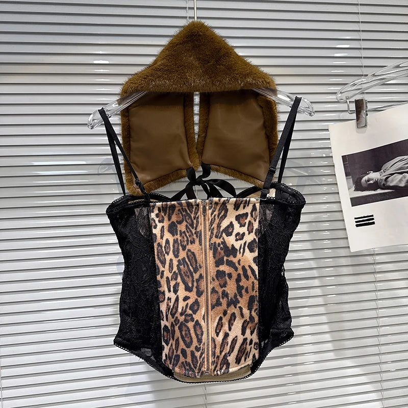 Winter New Trendy Fashion Furry Tie Shawl For Women Leopard Print Fishbone Backless Strap Camisole Female 11A07942