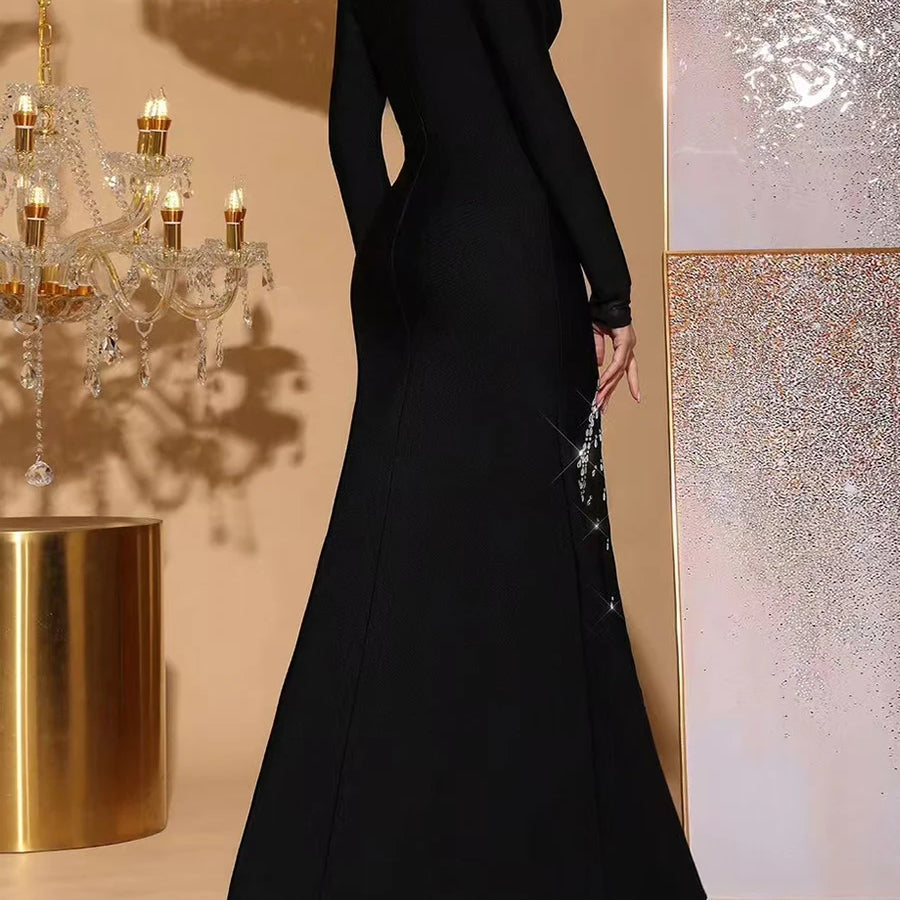 Solid Slimming Spliced Diamonds Dresses for Women Round Neck Long Sleeves Patchwork Mesh Dress Female Clothing New