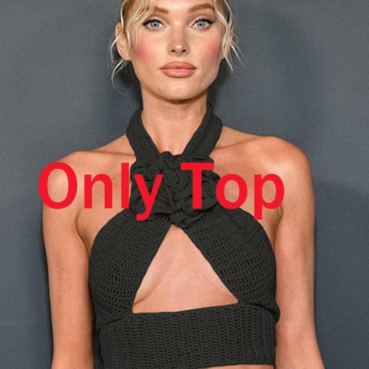 Tawnie Y2K Floral Appliques Knitted 2 Piece Sets Women 2024 Summer Sexy Halter Crop Top Split Maxi Skirt Sets Party Club Outfits Black Top One Size