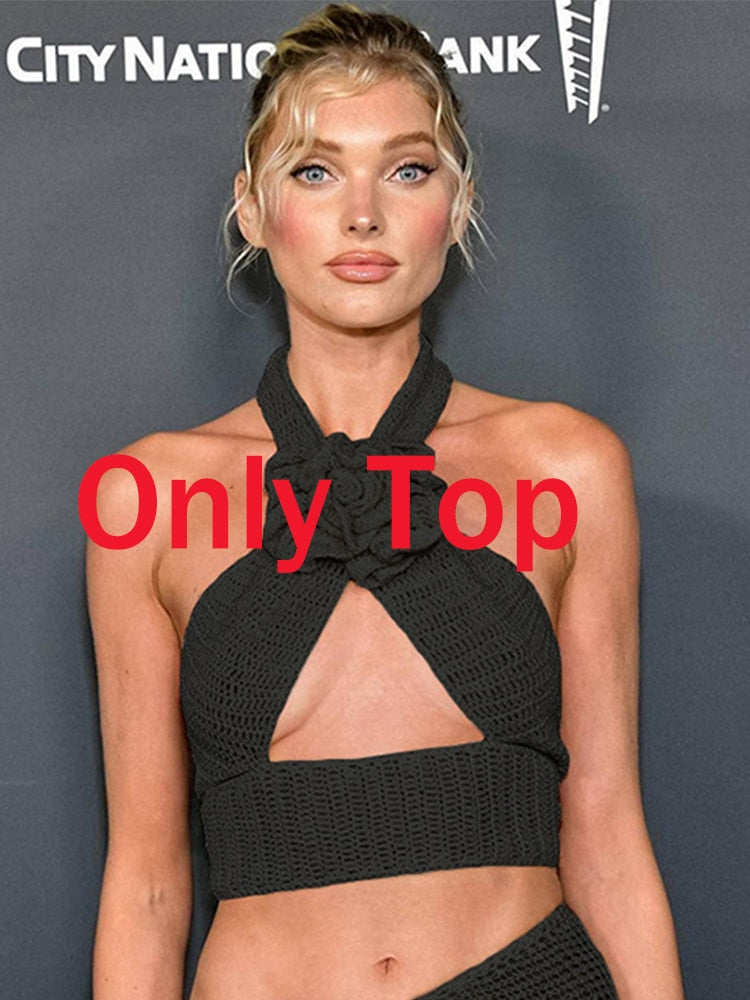 Tawnie Y2K Floral Appliques Knitted 2 Piece Sets Women 2024 Summer Sexy Halter Crop Top Split Maxi Skirt Sets Party Club Outfits Black Top One Size