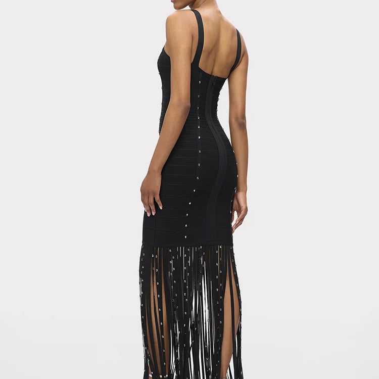 Black Diamond Tassel Spaghetti Straps Long Dress Backless Sleeveless Fringed Patchwork Bodycon Evening Party Gowns