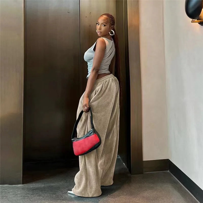 Autumn Winter Y2K Casual Wide-Leg Pants Women Loose Simple Basic Pocket High Waist Trouser Corduroy Streetwear Long Bottoms