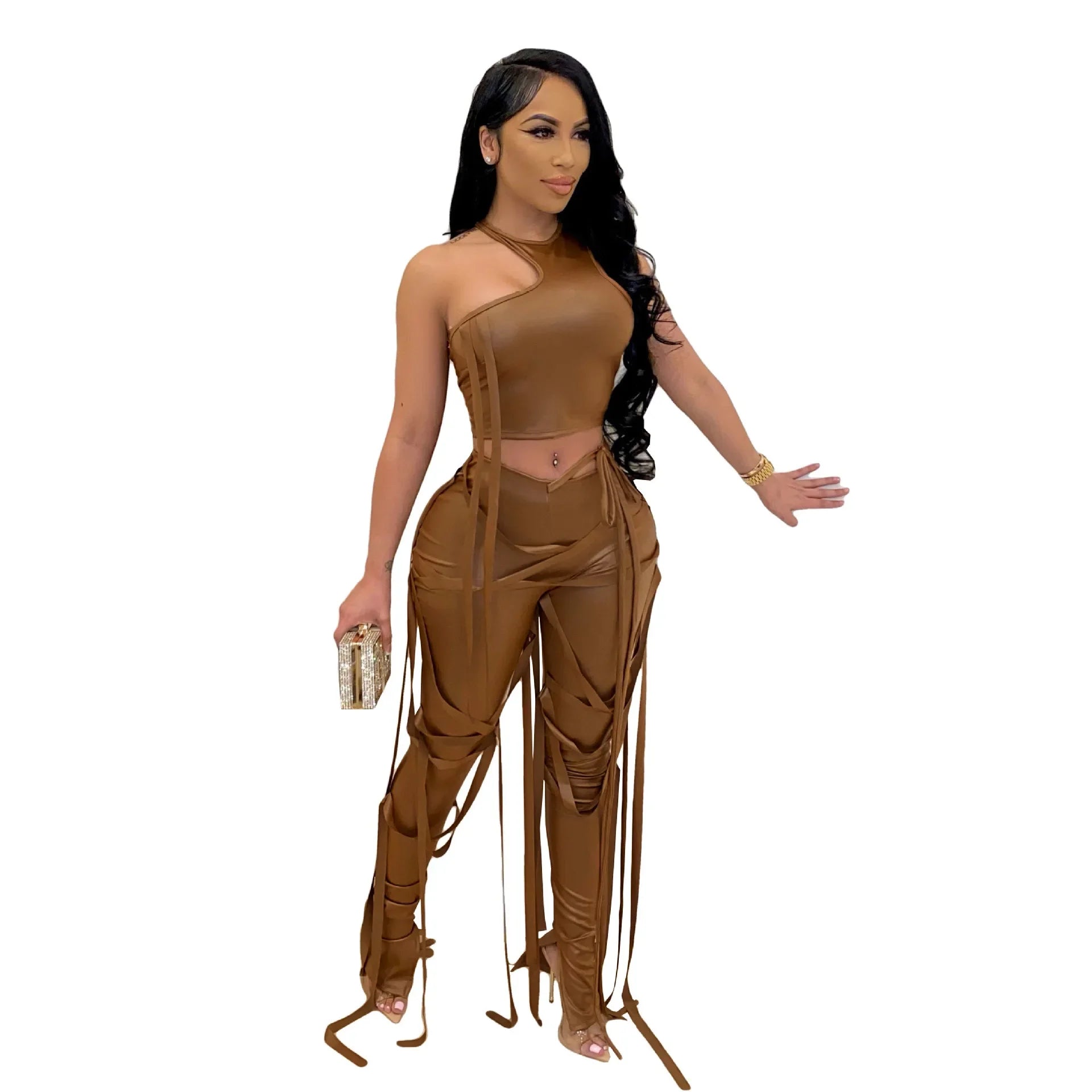 Faux Leather Women's Set Drawstring Lace Up Slit Leggings Pants Suit and Crop Top Street Tracksuit Two Piece Set Outfit Dark Brown