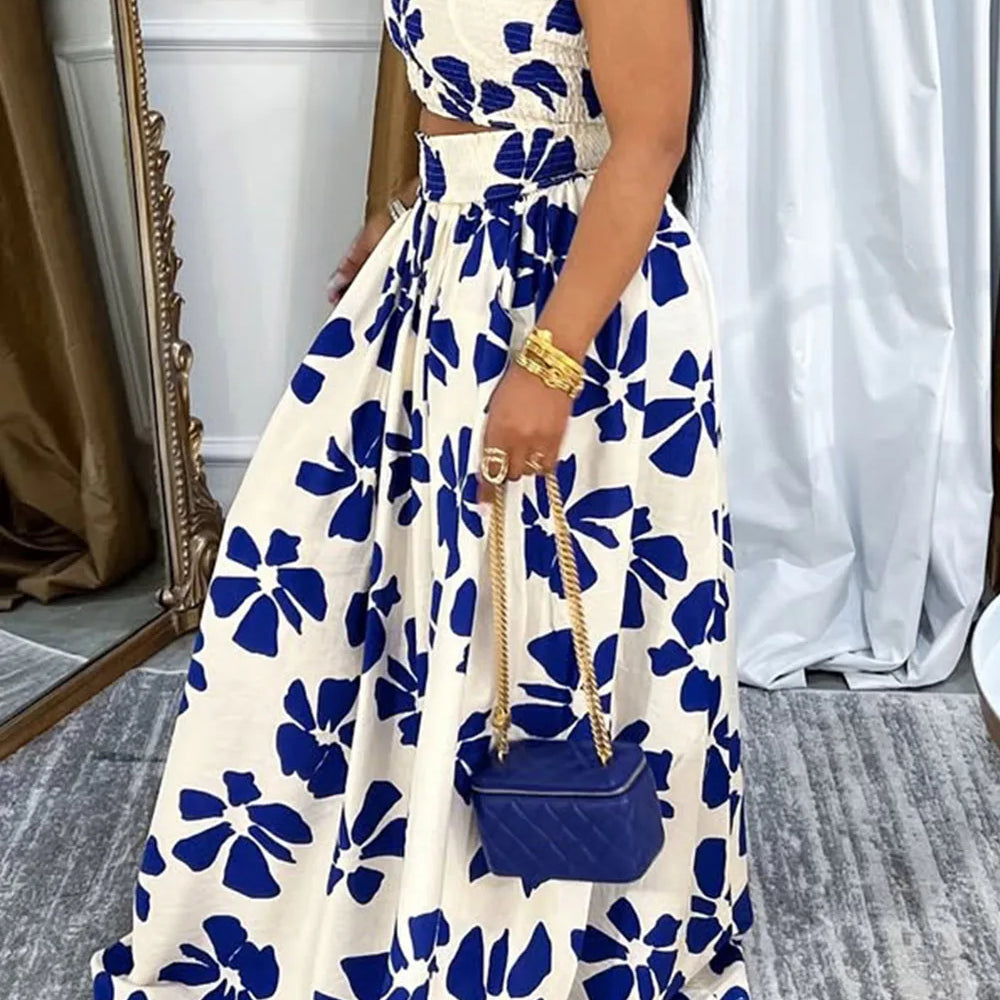 Plus Size Vacation Blue Graphic Pocket Smocking Two Piece Skirt Sets