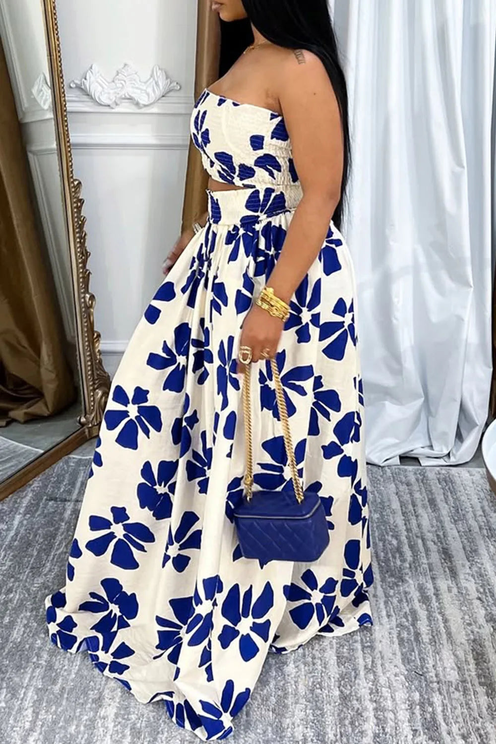 Plus Size Vacation Blue Graphic Pocket Smocking Two Piece Skirt Sets