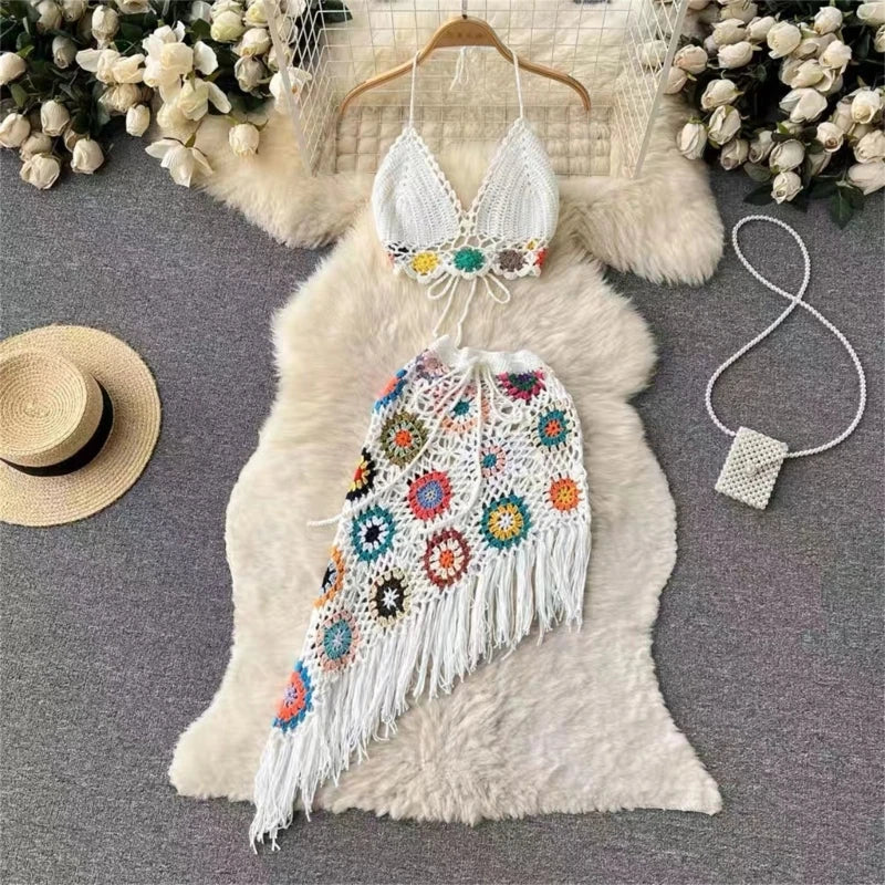 Women 2 Piece Outfit Set Boho Hollow-Out Crochet Knit Halter Bras Top and Asymmetrical Tassel Mini Skirt Beach Cover Up