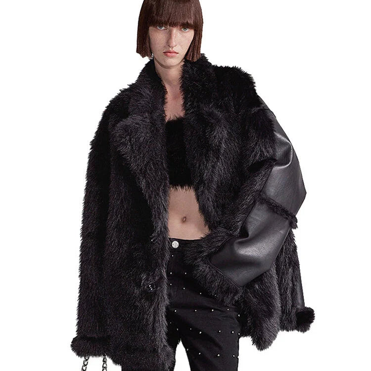 Autumn Winter Cool Loose Black Thick Warm Soft Hairy Faux Sheepskin Coat Women Luxury Designer Clothes Fluffy Jacket Black