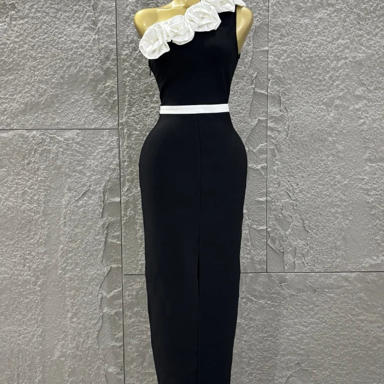 Women Sexy One Shoulder White Florals Bodycon Long Bandage Dress Celebrate Nightclub Party Fashion Outfit black