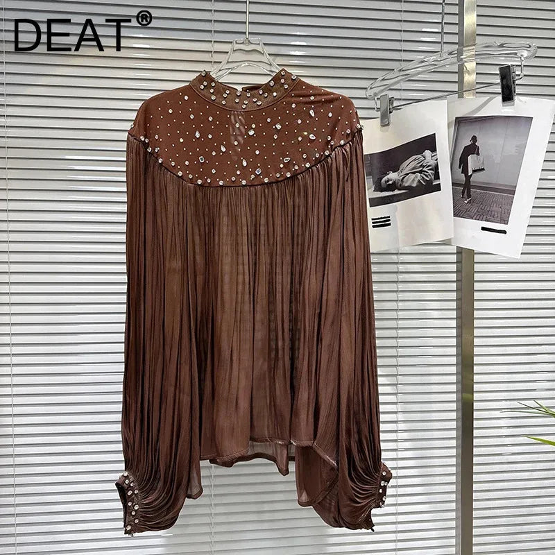 Winter New Fashion Diamond Design Loose Heavy Chiffon Blouse For Women Casual Versatile Shirts Female Trend 11A07689