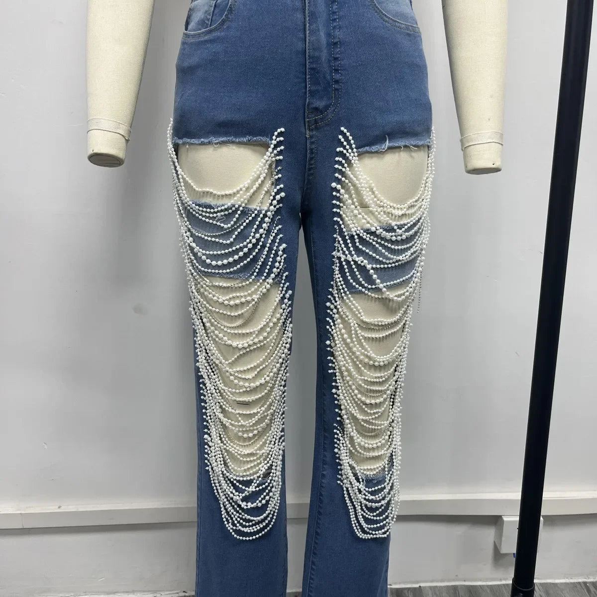 Women Fashion Pearl Beading Ripped Hollow Out Tassel Wide Leg Jeans 2024 New Summer INS Street Denim Pants Trousers
