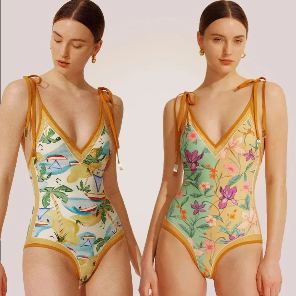 New Vintage Printed Double-sided Wear Swimming Bathing Suit Women Bandage Sexy One Piece Swimsuit Beachwear Swimwear Woman Yellow flower