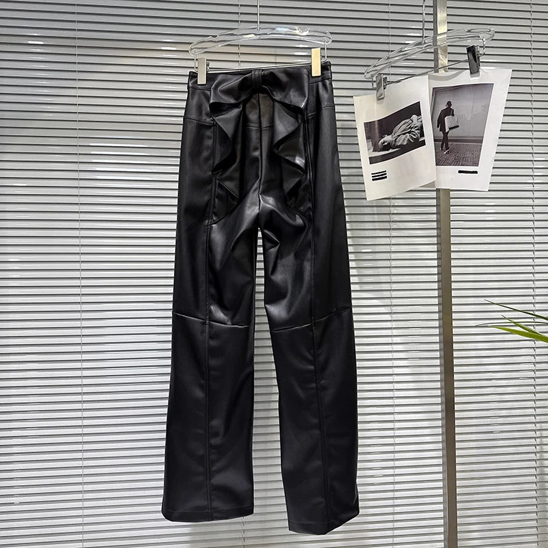 Winter New Trendy Fashion Back Waist Three-Dimensional Bow PU Leather Pants For Women Straight Casual Pants Black