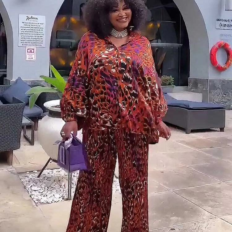 African 2 Piece Sets Women Outfit Loose Casual Long Top Shirt and Pant Set Autumn Plus Size Matching Sets Pleated Trouser Suit Brown One Size