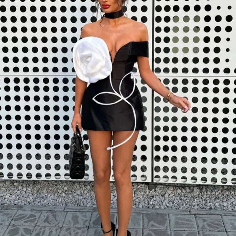 Women Celebrity Sexy Off Shoulder White Flower Black Mini Bodycon Bandage Dress Elegant Evening Club Party Dress