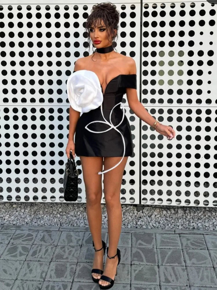 Women Celebrity Sexy Off Shoulder White Flower Black Mini Bodycon Bandage Dress Elegant Evening Club Party Dress