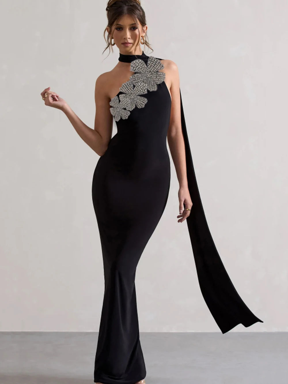 Elegant Solid Diamond Flower Bandage Women Halter Dress Off Shoulder Sleeveless Backless Slim Female Maxi Dresses 2025 Lady Robe