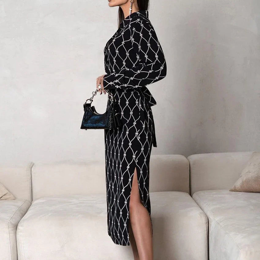 Clacive Fashion Loose Print Women'S Dress Casual Lapel Long Sleeve Midi Dresses Elegant Classic Lace-Up Slit Female Dress