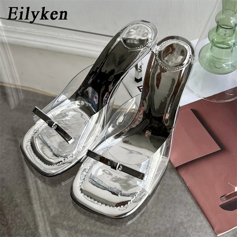Eilyken Summer Fashion Butterfly-knot Satin Women Slipper Slip On Ladies Sandal Thin High Heel Outdoor Dress Slides Shoes Silver