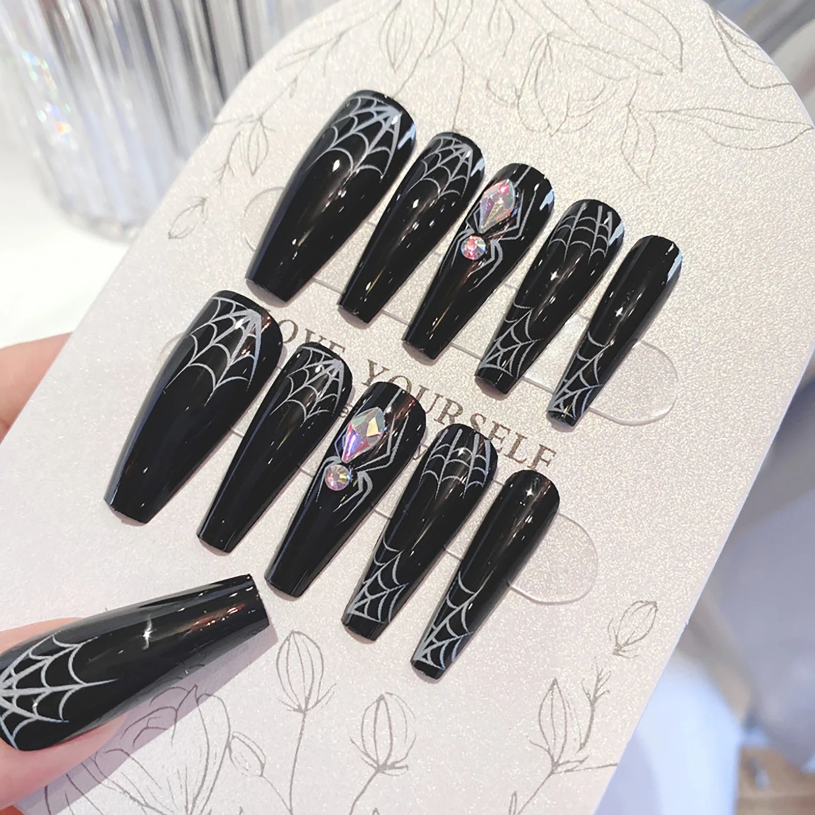 24pcs Halloween Gothic Fake Nail with Black Spider Bow Design False Nails European Long Coffin French Press on Nails Wearable 5