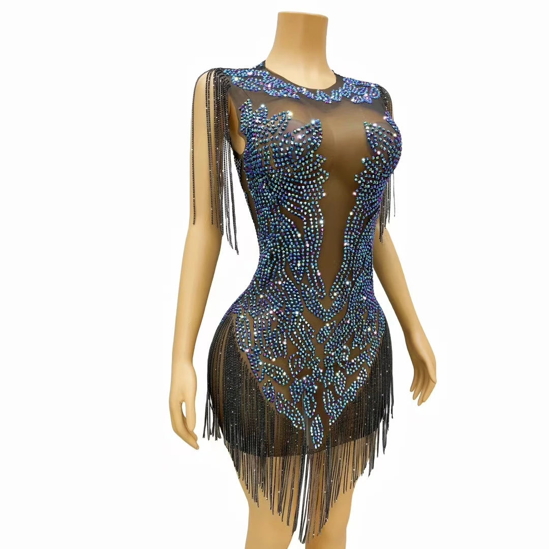 Elegant Women Luxury Dinners Evening Dress Sparkly Rhinestone Tassel Black Mesh Mini Dress Birthday Celebrate Party Dress Heichi