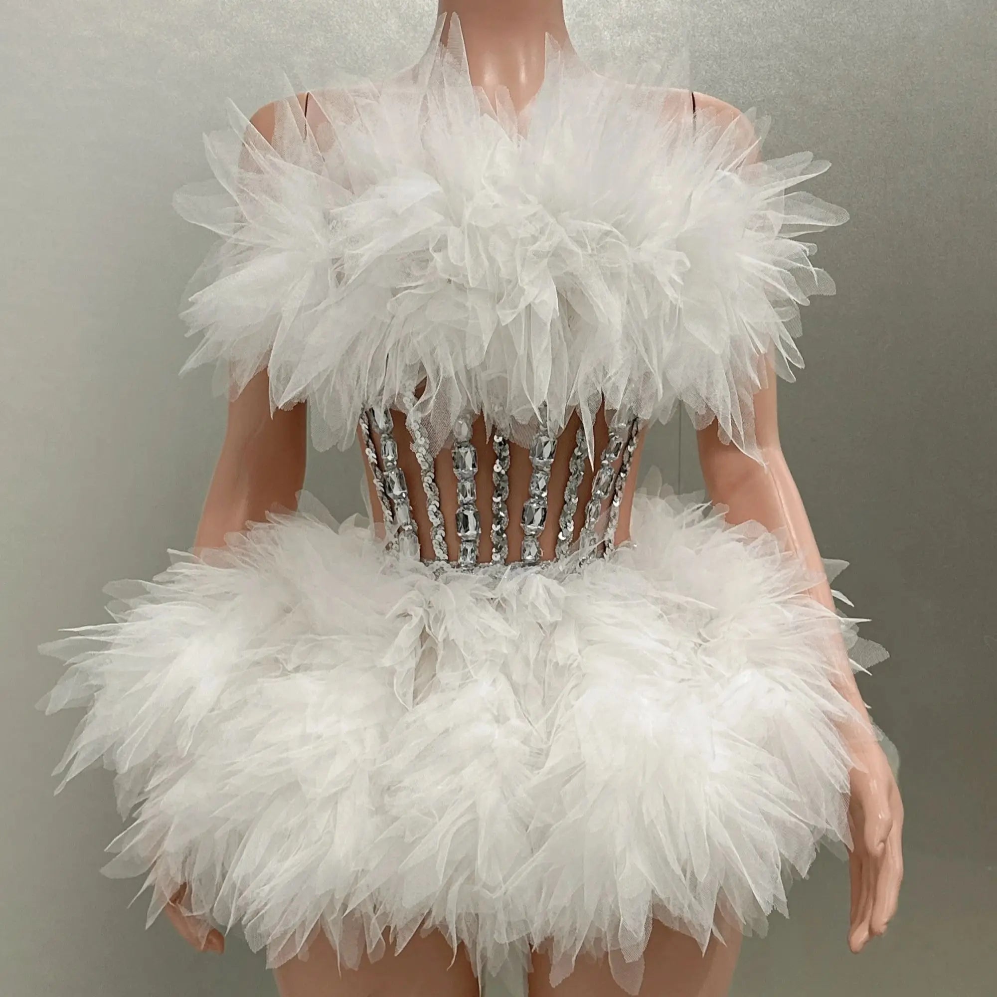 Hot Sale Women Sexy Mesh Ruffles Ball Gown Mini 2 Pieces Dress Lace-up Crystal Birthday Party Celebrate Nightclub Wear WHITE