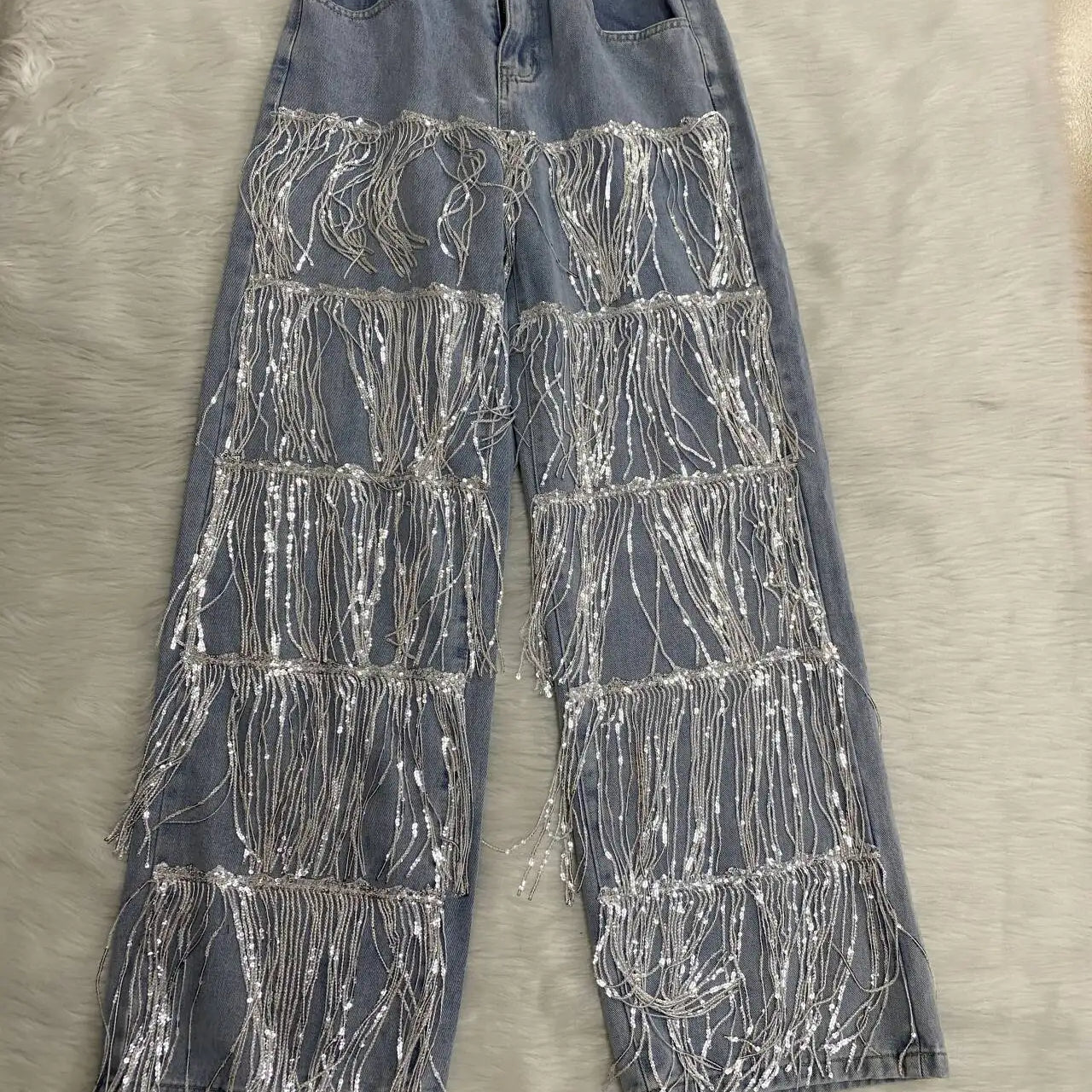 Women Sequins Tassel Wide Leg Blue Denim Pants 2025 Summer Streetwear Party Vintage High Waist Jeans Trousers