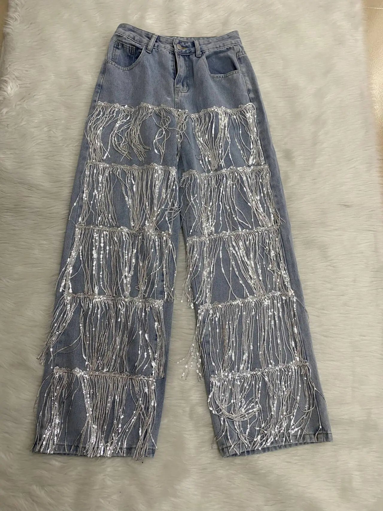 Women Sequins Tassel Wide Leg Blue Denim Pants 2025 Summer Streetwear Party Vintage High Waist Jeans Trousers