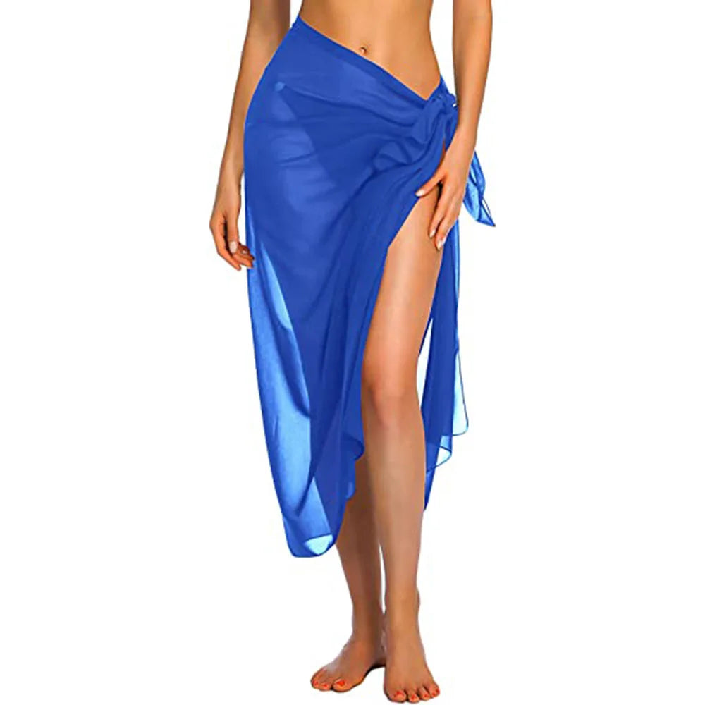 Womens Beach Long&Short Short Skirt Sarong Swimsuit Coverups Summer Bikini Wrap Sheer Scarf for Swimwear Cover-ups Blue-Long One Size