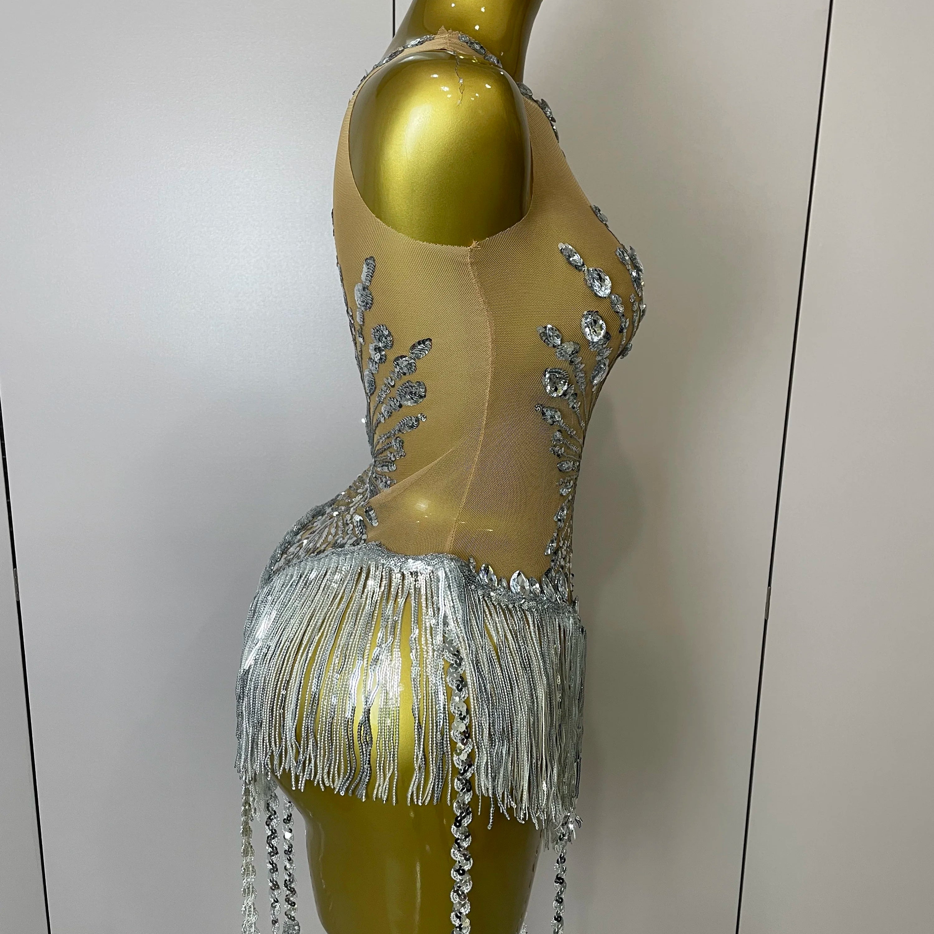 STOCK Sliver Sequins Shining Diamonds Sexy Mesh Long Tassel Bodysuit Women Nightclub Party Birthday Stage Performance Costume
