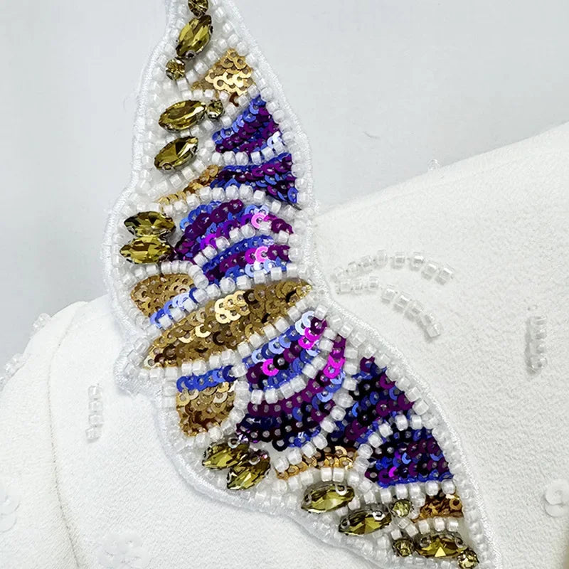 Solid Two Piece Sets for Women Notched Neck Long Sleeve Spliced Sequins Blazer High Waist Wide Leg Pants Set Female