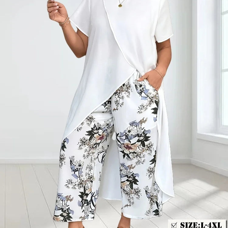 Wmstar Plus Size Two Piece Sets Women Wholesale Long Top and Print Wide Leg Summer Matching Suit Fashion Street Wear 2025