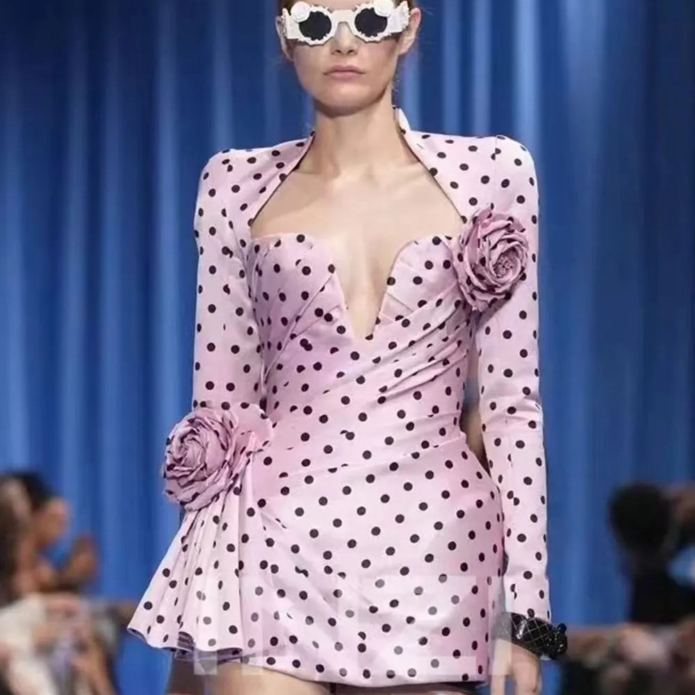 2025 Sexy Women'S Three-Dimensional Flower Patchwork Polka Dot Dress V-Neck Long Sleeved Draped Bodycon Pink Mini Dress Vestidos