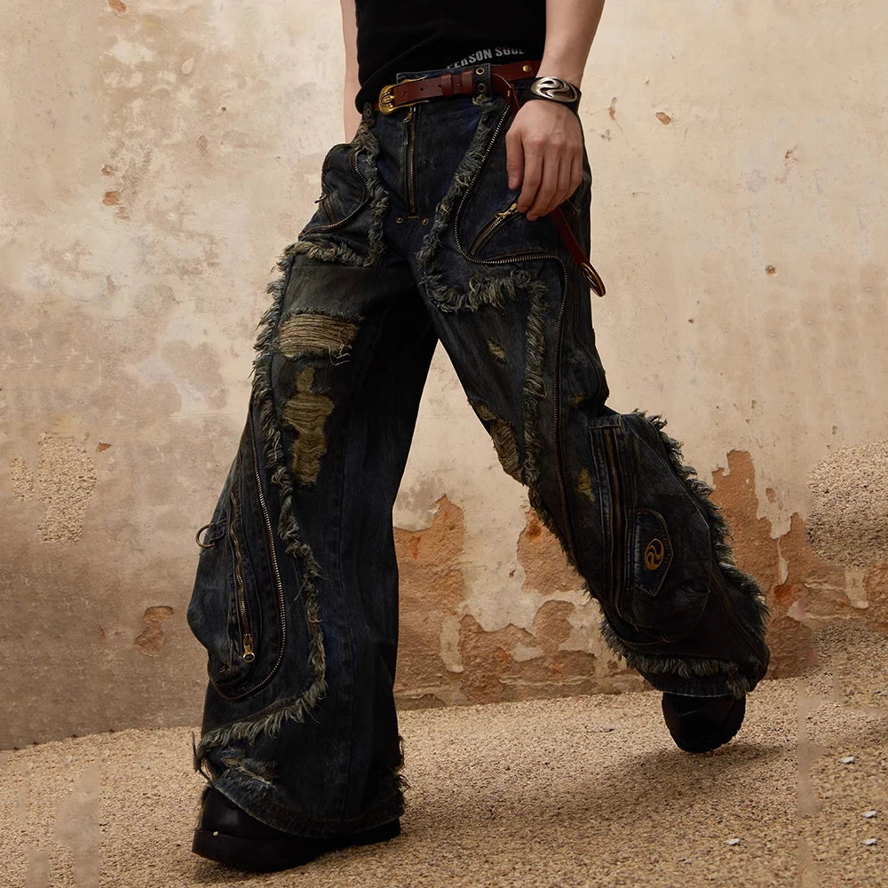 Colorblock Fashion Spliced Zipper Chic Loose Pants for Women Patchwork Hollow Out Pant Female High Street Style New