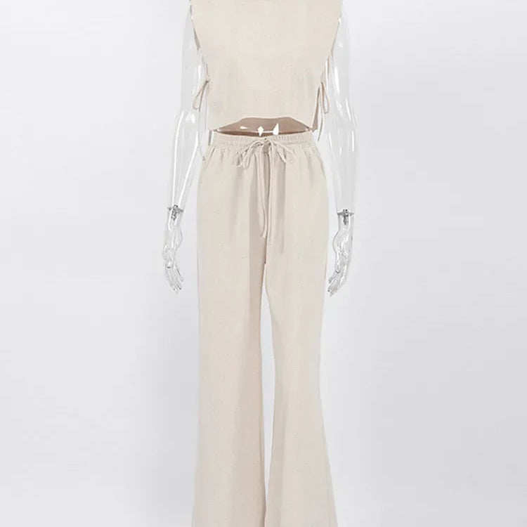 Casual Linen Lace Up Hollow Out Top Pants Sets Women O-neck Sleeveless Crop Tank Drawstring Trouser Suits Female Beach Outfits