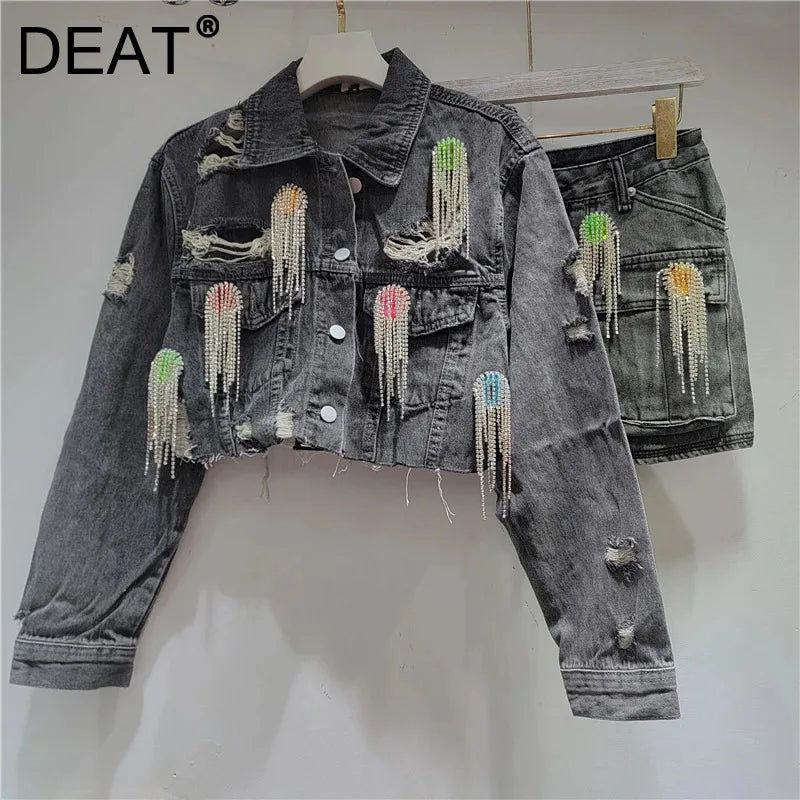 Autumn Winter New Fashion Colorful Rhinestone Tassel Distressed Denim Jacket For Women Short Skirt Female 11A07618