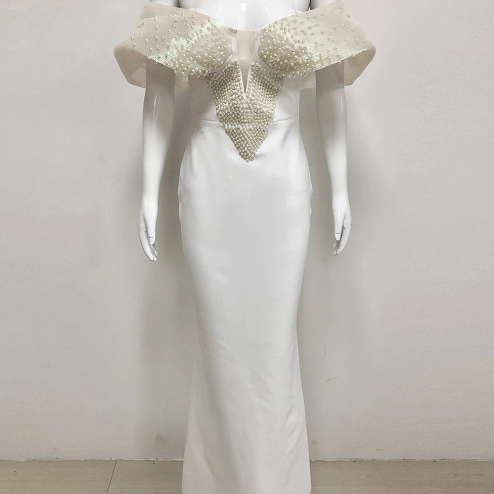 Women Sexy Pearl Beading Tight Maxi Bandage Dress Off The Shoulder Patchwork Bodycon Clothes Club Evening Party Elegant Gown